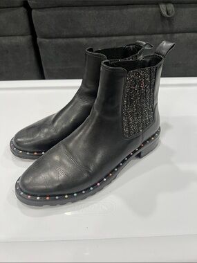 Black Leather Chelsea Boots with Glitter Panel and Multicolor Stud Trim